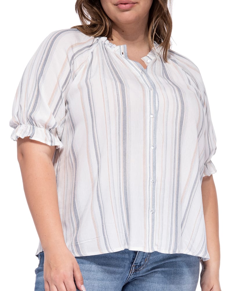 Plus size model wearing Leah Button Down Ruffle Blouse by B COLLECTION BY BOBEAU CURVY | Dia&Co | dia_product_style_image_id:190883